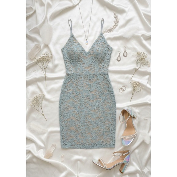 Honey and Rosie Y2K Lace Overlay Ethereal Bodycon Mini Dress S Blue Coquette - Picture 2 of 11